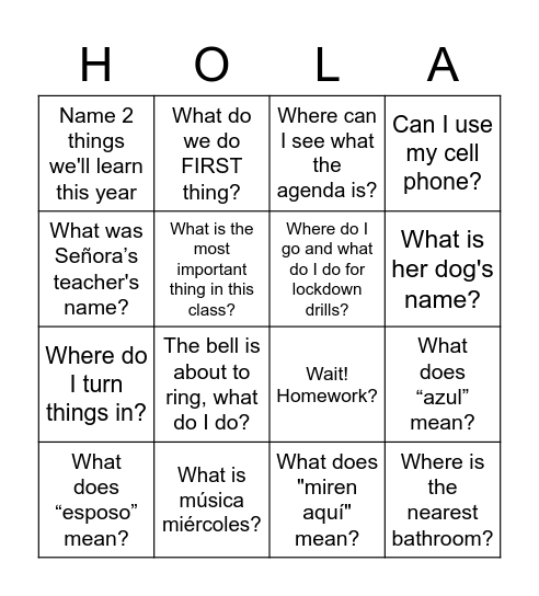 La Clase de Español Bingo Card