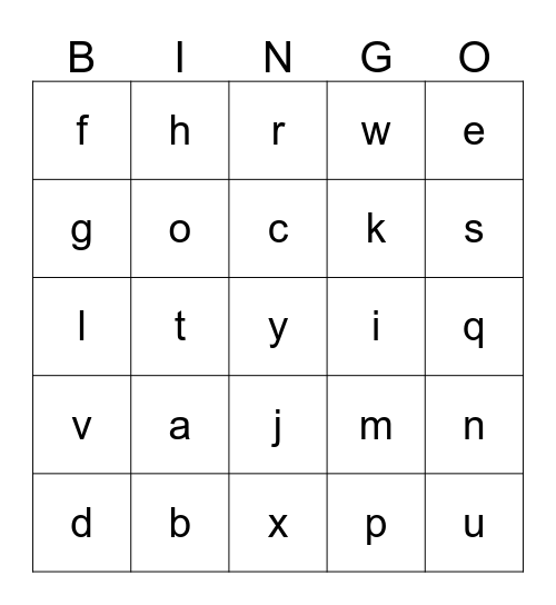 Lowercase Letters Bingo Card