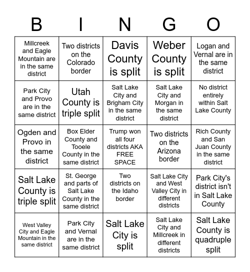 Utah Gerrymandering Bingo Card