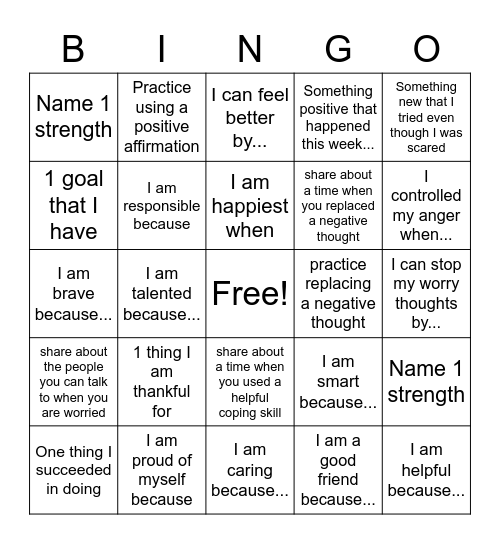 Positive Thinking Bingo Card