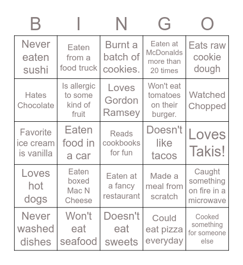 Culinary Class Bingo Card