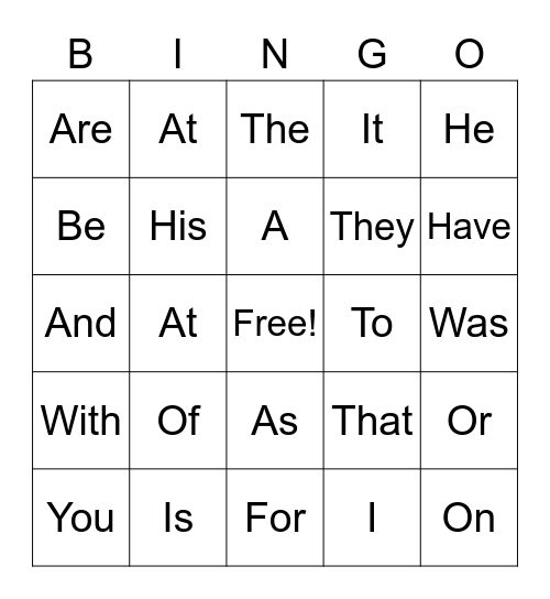 Sight Word BINGO Card