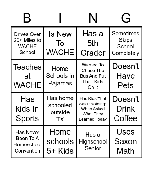 Homeschool Mom Bingo Card