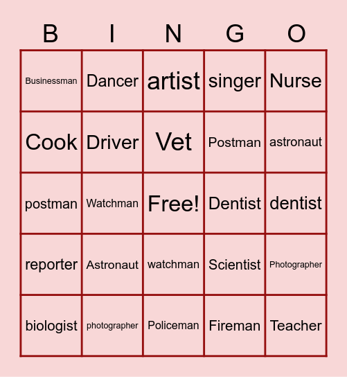 Professions Bingo Card