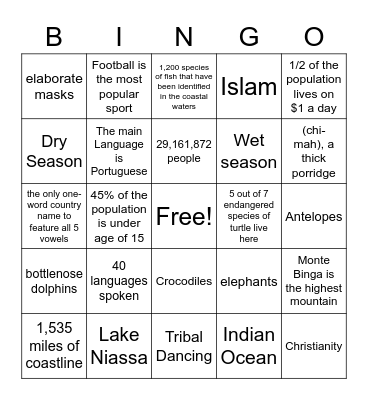 Mozambique Facts Bingo Card