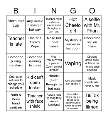 College Park First Day of School Bingo! Bingo Card