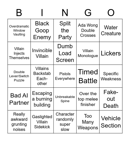 Resident Evil 6 Bingo Card