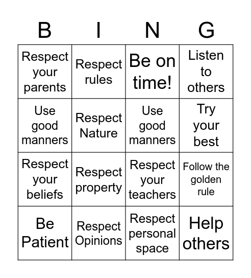 Respct Bingo Card