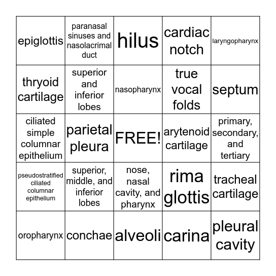 Respiratory Bingo Card