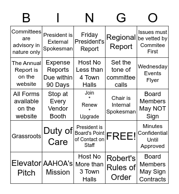 2015-2016 Board/Candidate Orientation Bingo Card