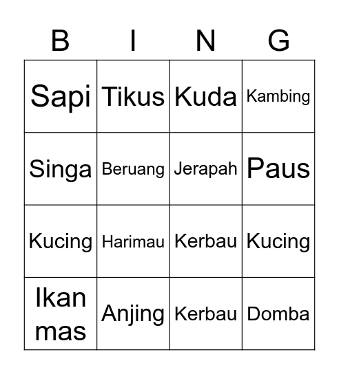 Hewan Bingo Card