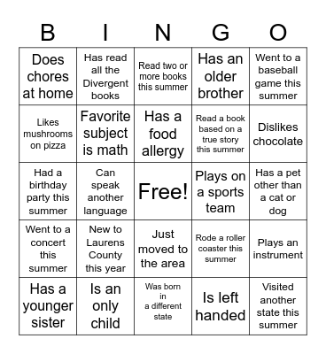 Getting to Know You BINGO Card