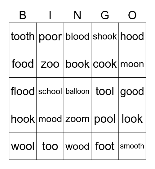 OO words Bingo Card