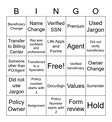 Life Services Phone Call Bingo Card