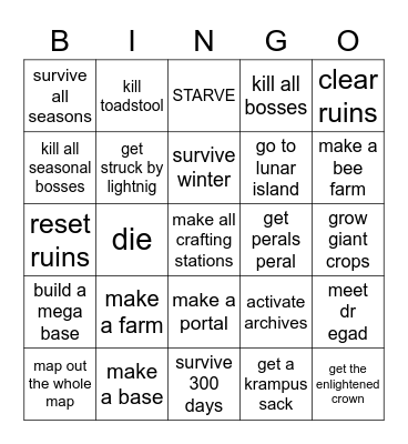 Don't Starve Together Bingo Made By Desty Bingo Card
