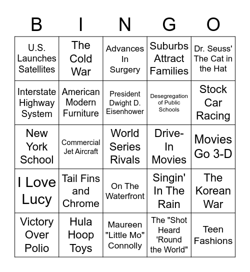 The 1950s Bingo Card