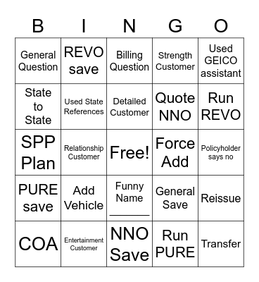 GEICO BEINGO Bingo Card
