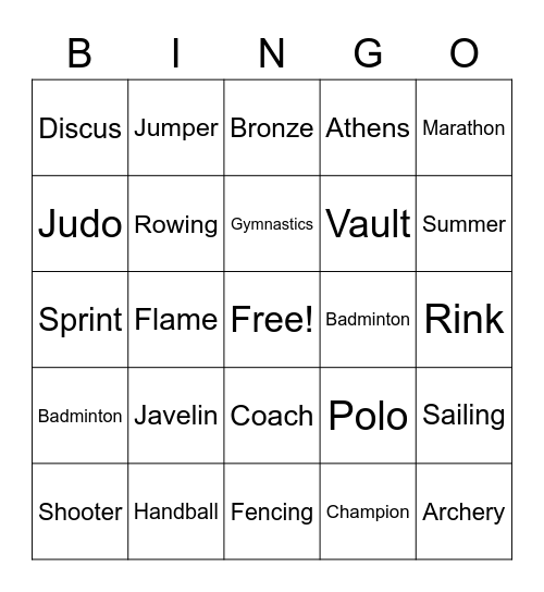 Olympics Bingo Card