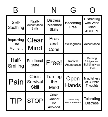 Distress Tolerance Bingo Card