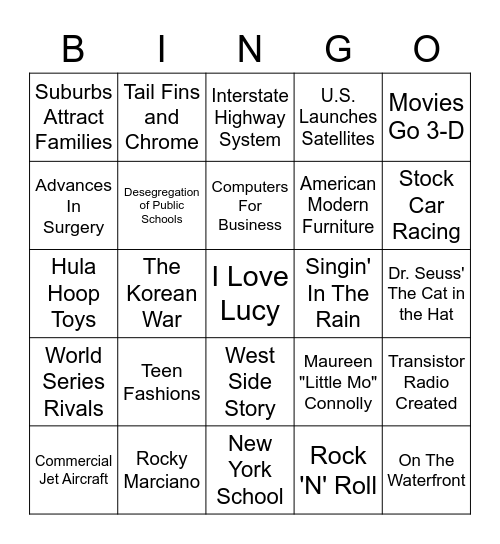 The 1950s Bingo Card