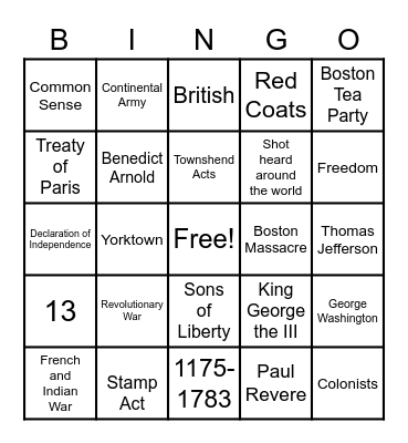 Revolutionary War Bingo Card