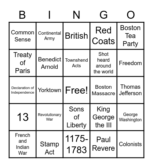 Revolutionary War Bingo Card