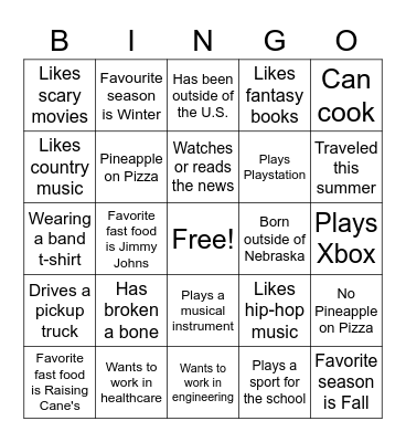 Ice-breaker BINGO Card