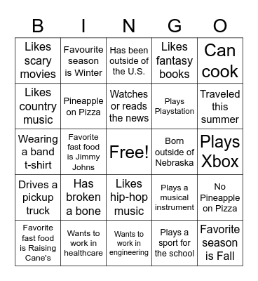 Ice-breaker BINGO Card