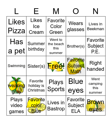 Back to School Lemon Bingo Card