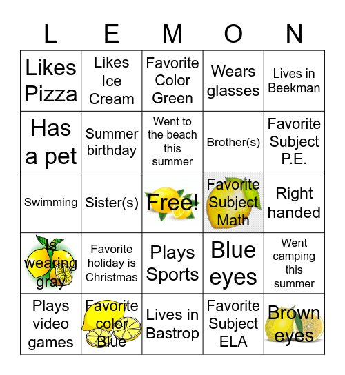 Back to School Lemon Bingo Card