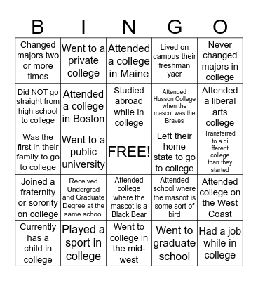 College Bingo Card