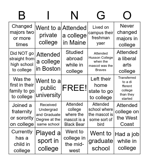 College Bingo Card