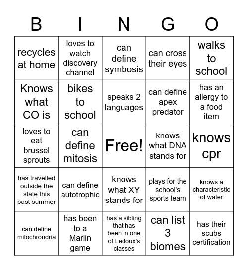 Biology Bingo Card