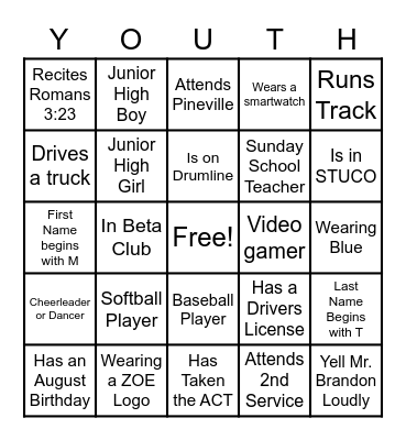 ZOE Youth Human Bingo Card