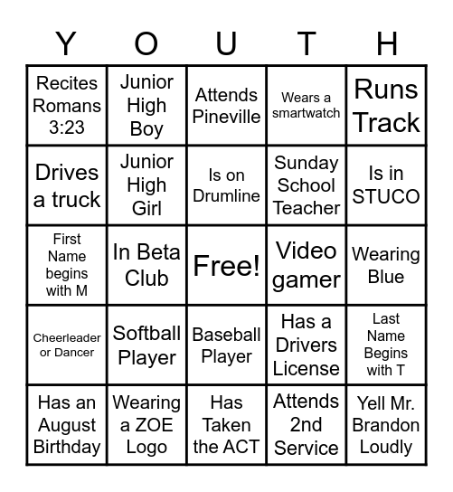 ZOE Youth Human Bingo Card
