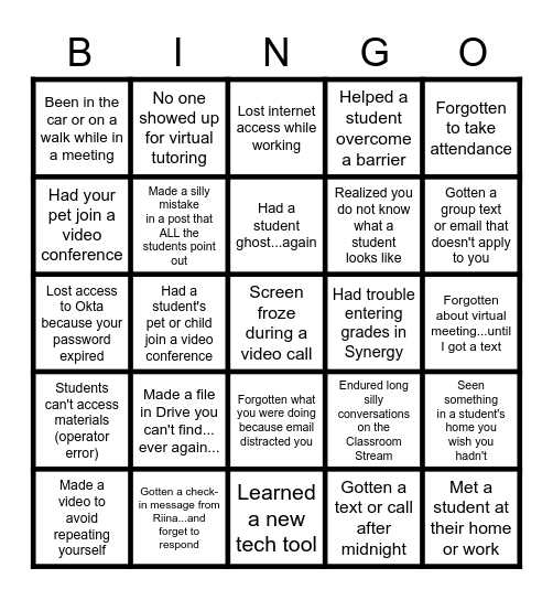Online Team Building Bingo Card