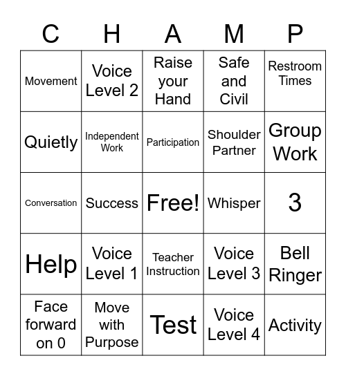CHAMPS Bingo Card