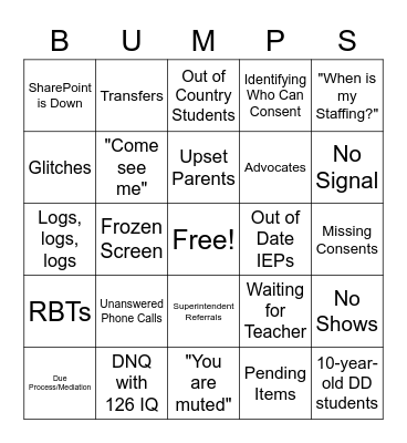 BUMPS IN THE ROAD Bingo Card