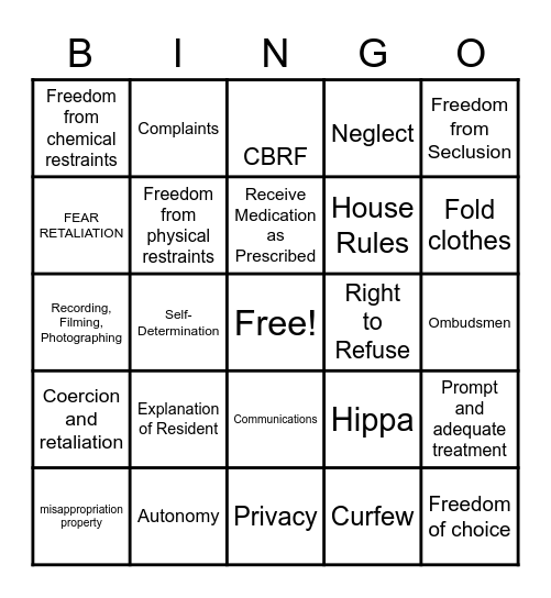 Resident's Rights Bingo Card