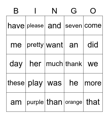 Sight Words Bingo Card