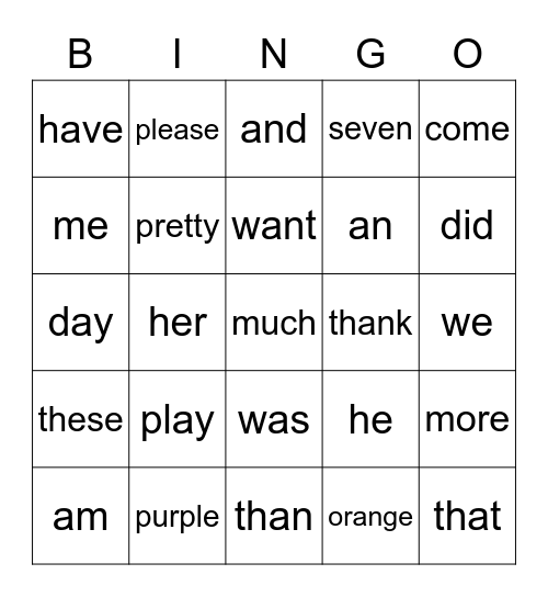 Sight Words Bingo Card