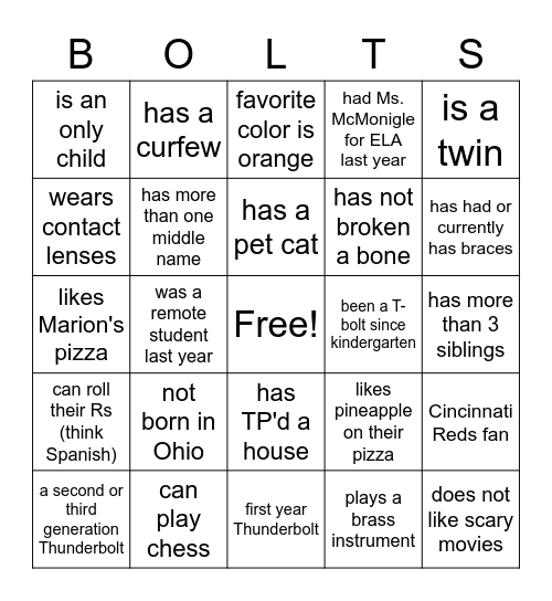 BOLTS Bingo Card