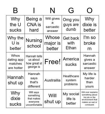 Hannah V Will: Dawn of Annoyance Bingo Card