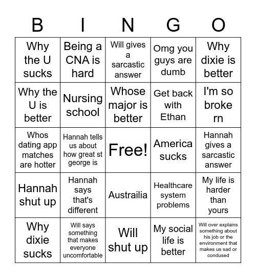 Hannah V Will: Dawn of Annoyance Bingo Card