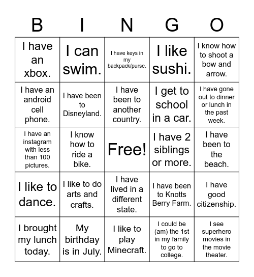 Getting More Acquainted #1 Bingo Card