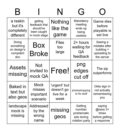 Game Dev Bingo Card
