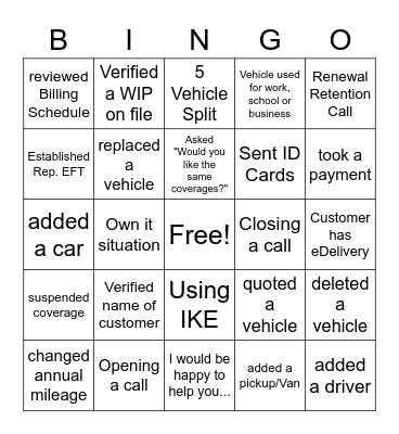 Customer Service Bingo Card