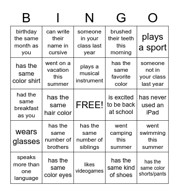 Classmate BINGO Card