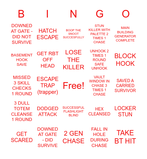 Dead by Daylight Bingo Card