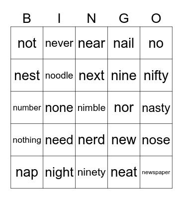 N Words Bingo Card